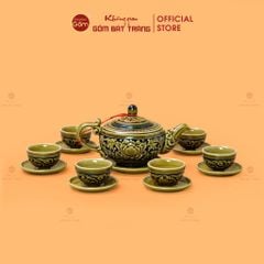 Bộ Ấm Chén Khắc Nổi Hoa Phù Dung Nền Đen