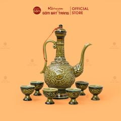 Bộ Bình Rượu Khắc Nổi Hoa Sen Nền Vàng